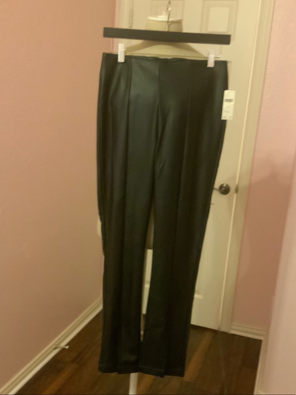 Maeve Black Faux Leather Straight-Leg Pants, slit in ankle area